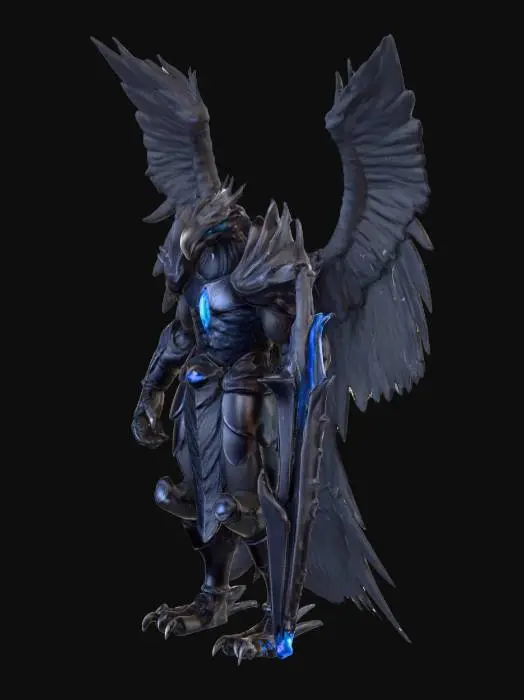 3D model for A colossal, muscular anthropomorphic Skyrider Tanker, fused with an Argentavis, displays a fierce hooked beak and piercing abyssal-blue storm eyes. He wears heavy black dusk-forged plate armor, jagged and brutal, engraved with faint glowing storm-blue runes, possessing a hard, rough tactile quality. Massive black wings, streaked with cobalt-blue highlights, spread wide, crackling faintly with static energy. In one hand, he wields a jagged obsidian-black broadsword with glowing storm runes, and in the other, a colossal wing-shaped black steel shield.
