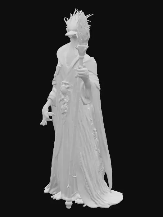 3D model for A slim, dignified anthropomorphic Skyrider healer, fused with an Ivory-billed Woodpecker, boasts striking black and white plumage, a crimson crest, and subtle azure-silver shimmer. Flowing white and black healer robes, adorned with feather and storm motifs and glowing blue inscriptions, offer a soft tactile quality. Its solemn face features a long, polished ivory beak and faintly glowing stormy azure eyes. It holds a tall staff of pale bone and storm-crystal, topped with a glowing orb.