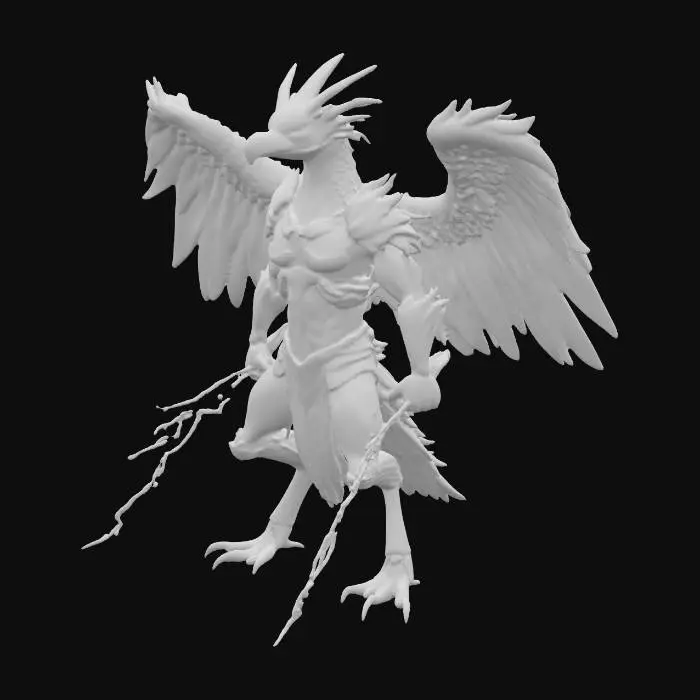 3D model for An agile anthropomorphic Archaeopteryx warrior, with a sleek humanoid form, features iridescent feathers in stormy blues, purples, and silver. Streamlined storm-chrome armor blends seamlessly with its plumage, giving a hard, smooth, yet flexible tactile quality. Powerful wings extend from its back. Its fierce, predatory face has sharp eyes glowing with storm energy. It wields dual blades,one in each hand, matching his armor, which glow faintly with electric energy and subtly arc lightning along its feathers with every dynamic movement., #PBR#
