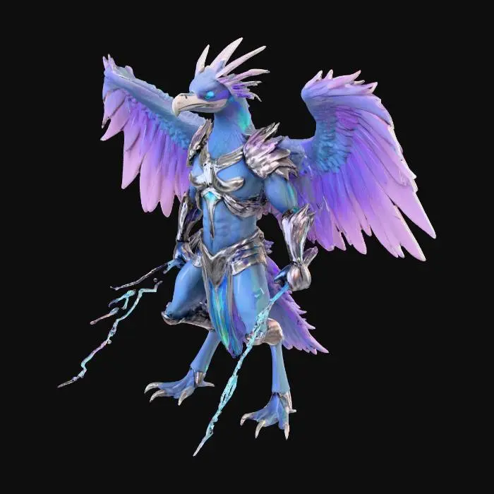 3D model for An agile anthropomorphic Archaeopteryx warrior, with a sleek humanoid form, features iridescent feathers in stormy blues, purples, and silver. Streamlined storm-chrome armor blends seamlessly with its plumage, giving a hard, smooth, yet flexible tactile quality. Powerful wings extend from its back. Its fierce, predatory face has sharp eyes glowing with storm energy. It wields dual blades,one in each hand, matching his armor, which glow faintly with electric energy and subtly arc lightning along its feathers with every dynamic movement., #PBR#