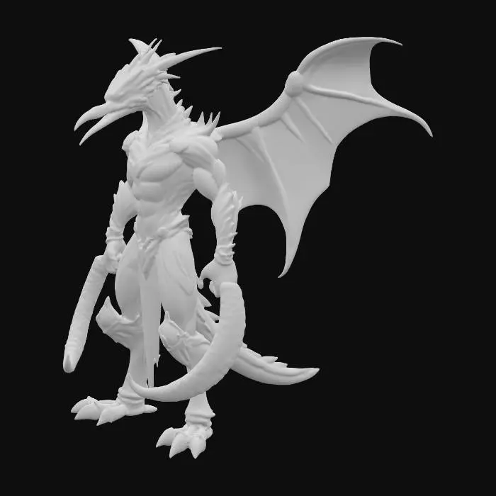 3D model for A sleek, feral humanoid Skyrider, fused with Hesperornis, has a muscular, streamlined body of black and steel-blue plumage. A ferocious face with an elongated beak, sharp predatory teeth, and crimson eyes, set in a serrated grin. Jagged armored fins replace wings. Dark chrome armor, jagged and serrated like aquatic scales, glows with turquoise runes, offering a hard, scaly tactile quality. It wields dual hooked obsidian scythes, curved like lightning, charged with glowing storm energy, in an aggressive, lunging stance.