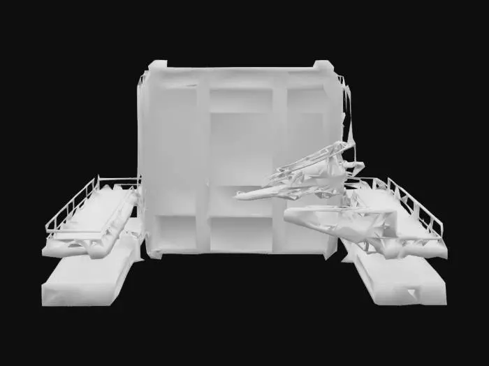 3D model for An empty sci-fi mech hangar bay with suspended catwalks, maintenance cranes, exposed cables 