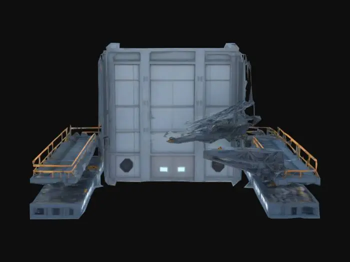 3D model for An empty sci-fi mech hangar bay with suspended catwalks, maintenance cranes, exposed cables 