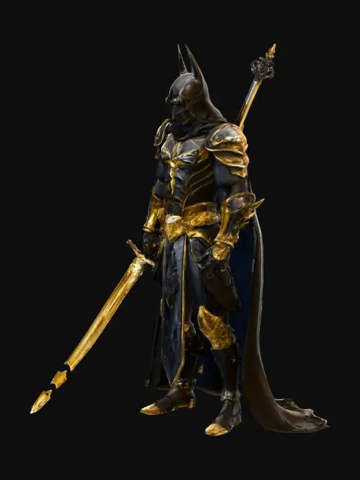 3D model for Generate an adult Dark knight with the thmee of Black and golden make it as a warrior holdin a sword , robe on his back and some details of wars