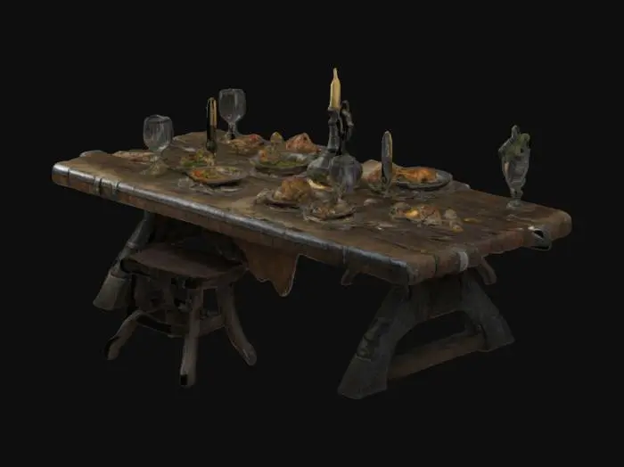 3D model for A banquet Table made from scraps from sewers, Medieval Fantasy, Ultra Realistic and Detailed