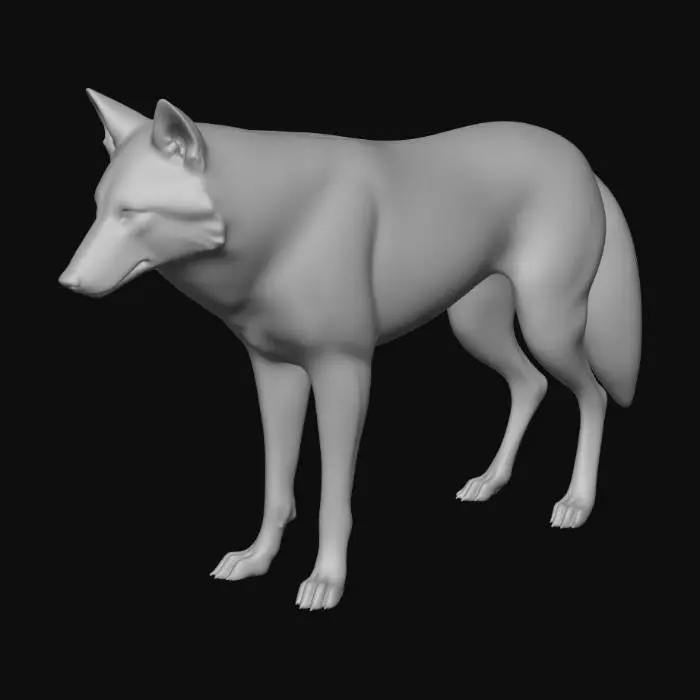 3D model for Low-poly game-ready gray wolf quadruped for RPG, under 10k triangles, highly detailed PBR fur textures (albedo, normal, roughness maps) in realistic grays/browns with subtle shine on nose/eyes. Muscular athletic build, pointed ears, bushy tail, fierce expression, neutral standing pose (A-pose legs for easy rigging). Auto-rigged skeleton with bones for walk/idle/run/attack animations. Optimized topology, clean UVs, no accessories. Matte stylized fantasy style, sharp edges, Godot-compatible GLB export.