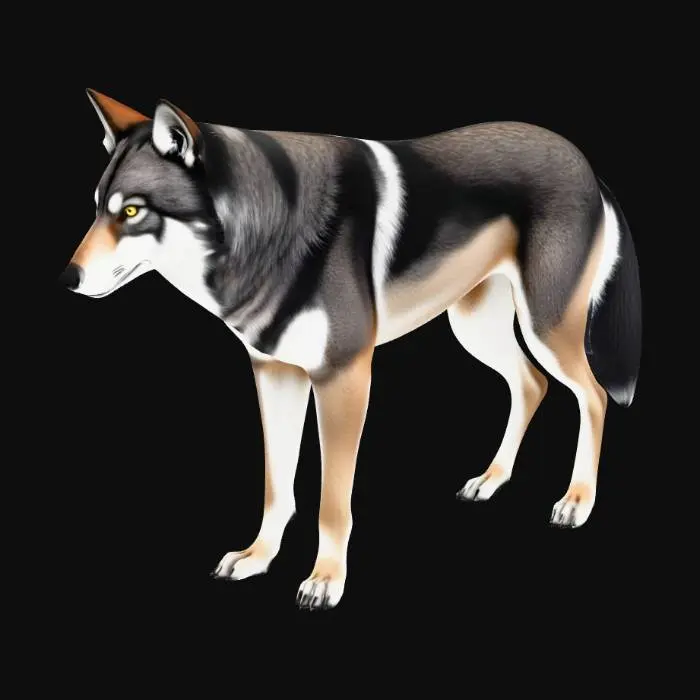 3D model for Low-poly game-ready gray wolf quadruped for RPG, under 10k triangles, highly detailed PBR fur textures (albedo, normal, roughness maps) in realistic grays/browns with subtle shine on nose/eyes. Muscular athletic build, pointed ears, bushy tail, fierce expression, neutral standing pose (A-pose legs for easy rigging). Auto-rigged skeleton with bones for walk/idle/run/attack animations. Optimized topology, clean UVs, no accessories. Matte stylized fantasy style, sharp edges, Godot-compatible GLB export.