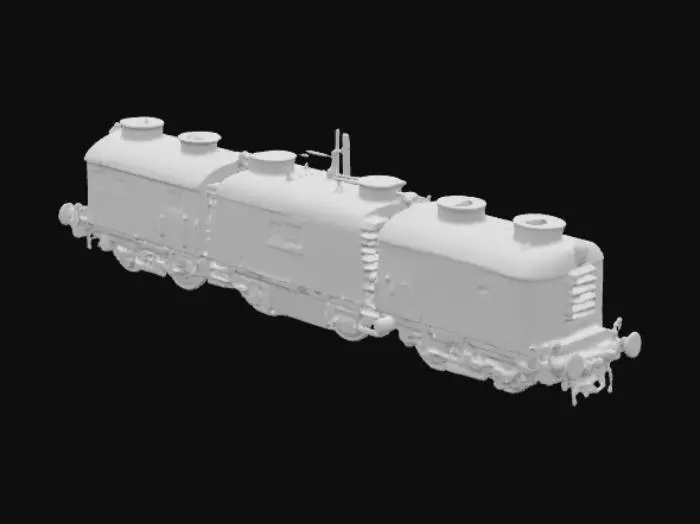 3D model for Un tren blindado de aspecto imponente y robusto, con vagones rectangulares fabricados en acero grueso y pesado. La superficie metálica presenta remaches prominentes y soldaduras visibles, dándole una textura dura y resistente al tacto, con posibles arañazos o marcas de desgaste. Predomina un color verde oliva oscuro o gris militar, con acabados mate que absorben la luz. Su estructura es angular y funcional, con torretas de cañón y ventanillas estrechas, diseñadas para máxima protección.
