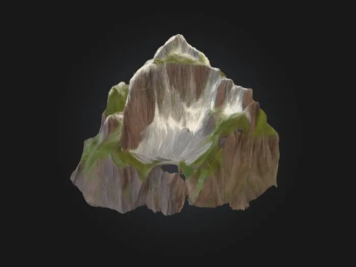 3D model for Una montaña imponente y majestuosa, con picos escarpados y laderas inclinadas compuestas por roca sólida y tierra compacta. Su superficie es irregular y rugosa, presentando estratificaciones visibles, grietas profundas y parches de vegetación densa o escasa. Los colores varían desde grises oscuros y marrones terrosos en la base, hasta verdes intensos de la flora y blancos puros de la nieve en la cumbre, ofreciendo un contraste natural. Es dura y fría al tacto.
