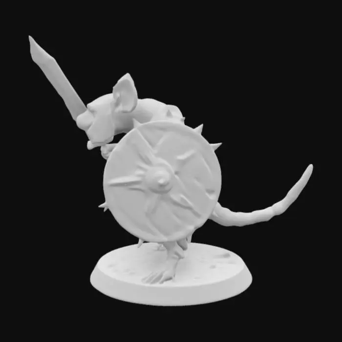 3D model for Masterfully crafted figurine of Warhammer Fantasy Skaven grotesque, rat humanoid creature with long, sparsely furred bodies, natural colors, their faces are pointed, red eyes, they have long, scaly tails and their limbs are spindly with clawed hands and feet, thick armor plates cover most of their body, wielding swords in one hand and triangular shaped spikey shields in the other, wearing a gas mask with filters, Trench warfare, highest detail miniature.