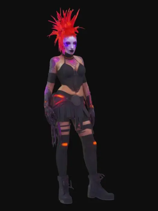3D model for A red hair woman,ultraviolet painting, beaming colors, cybergoth,cyborg,dark lord face