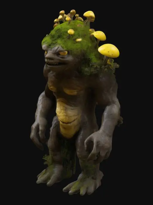 3D model for wood brick mud hybrid monster,realistic, real, 4k,, #anthropomorphic#Mandrake Root. Black with toxic bioluminescent yellow veins, dark green moss and small purple poisonous mushrooms