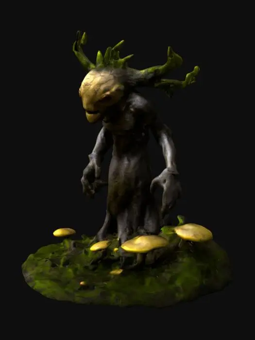 3D model for wood brick mud hybrid monster,realistic, real, 4k,, #anthropomorphic#Mandrake Root. Black with toxic bioluminescent yellow veins, dark green moss and small purple poisonous mushrooms