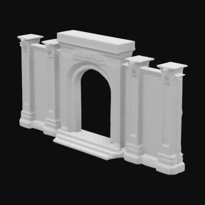 3D model for "Create a dark dystopian monument featuring tall, rectangular black stone pillars in a 20’ circular arrangement, adorned with tortured soul carvings and skull motifs. The central arch, labeled 'PACIFIC,' glows with bioluminescent green accents, illuminating Gothic verses: 'Wasch die Götzen von der Wand,' 'Brenne die Lügen weg.' The stone appears cracked and pulsates faintly, exuding eerie green light, as shadows twist and writhe—an ominous shrine to despair and divine reckoning."