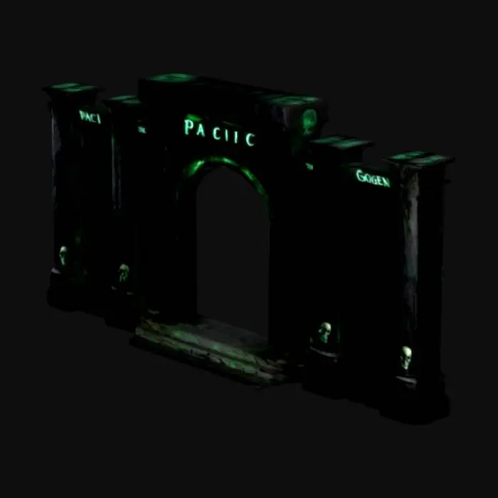 3D model for "Create a dark dystopian monument featuring tall, rectangular black stone pillars in a 20’ circular arrangement, adorned with tortured soul carvings and skull motifs. The central arch, labeled 'PACIFIC,' glows with bioluminescent green accents, illuminating Gothic verses: 'Wasch die Götzen von der Wand,' 'Brenne die Lügen weg.' The stone appears cracked and pulsates faintly, exuding eerie green light, as shadows twist and writhe—an ominous shrine to despair and divine reckoning."