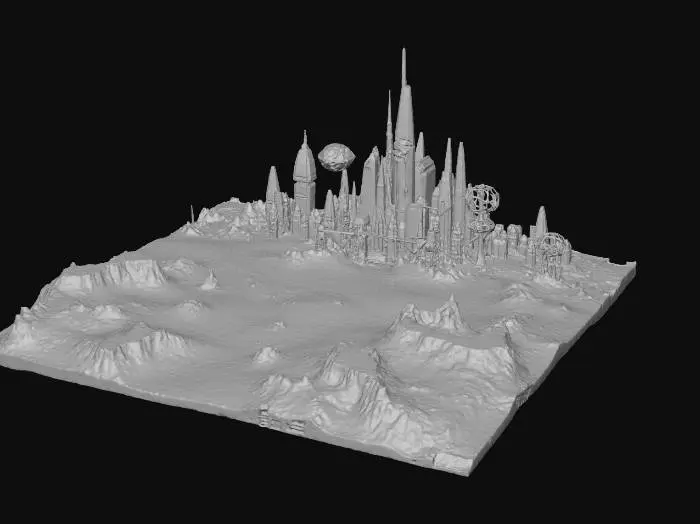 3D model for wide open martian landscape, advanced and strange alien city gleaming in the sunlight, thick atmospheric wind