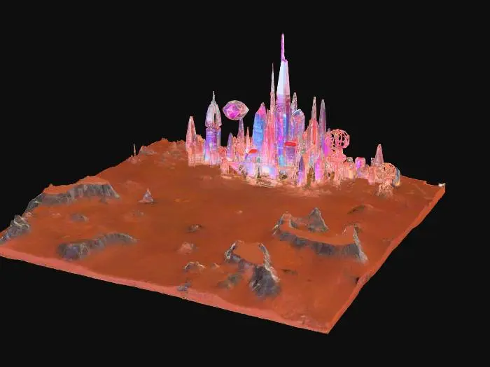 3D model for wide open martian landscape, advanced and strange alien city gleaming in the sunlight, thick atmospheric wind