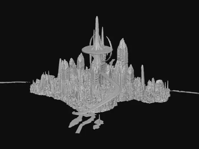 3D model for wide open martian landscape, advanced and strange alien city gleaming in the sunlight, thick atmospheric wind