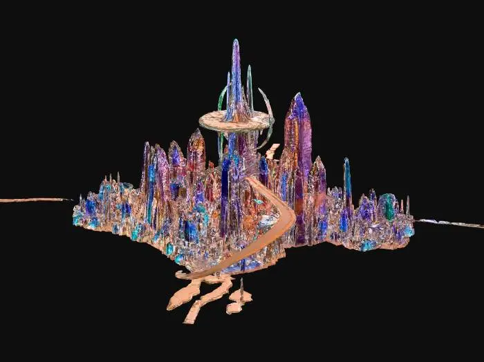 3D model for wide open martian landscape, advanced and strange alien city gleaming in the sunlight, thick atmospheric wind