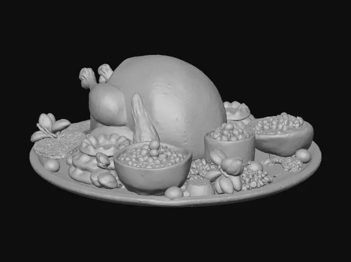 3D model for #Thanksgiving#, A vibrant Thanksgiving feast features a golden-brown roasted turkey, its crispy skin glistening, surrounded by creamy mashed potatoes, glossy brown gravy, lumpy red cranberry sauce, and savory bread stuffing. The arrangement showcases varied textures, warm autumnal colors, and an abundant, hearty appearance, suggesting rich, comforting flavors.