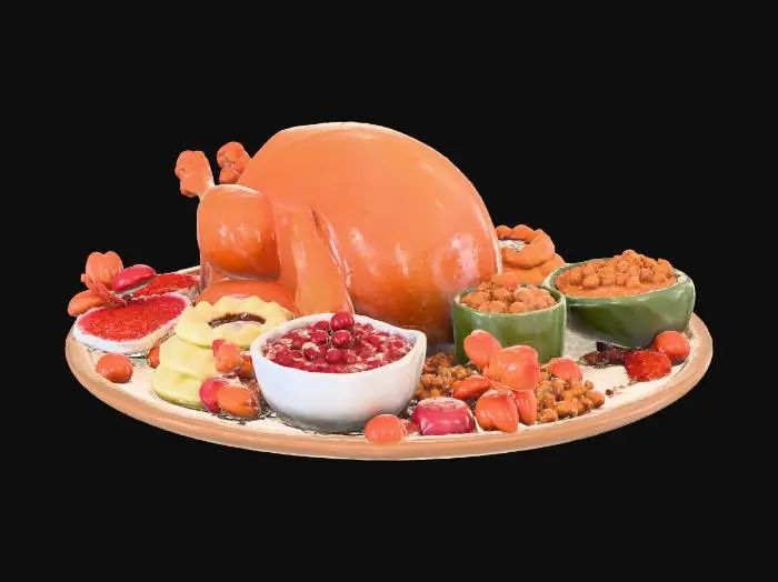 3D model for #Thanksgiving#, A vibrant Thanksgiving feast features a golden-brown roasted turkey, its crispy skin glistening, surrounded by creamy mashed potatoes, glossy brown gravy, lumpy red cranberry sauce, and savory bread stuffing. The arrangement showcases varied textures, warm autumnal colors, and an abundant, hearty appearance, suggesting rich, comforting flavors.