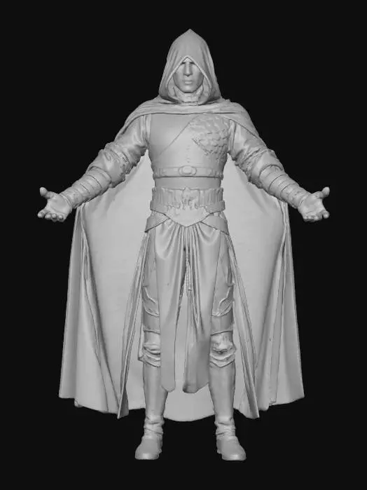3D model for a man with glowing tattoos over his entire face wearing a hooded cloak and layered leather armor, strong and intimidating