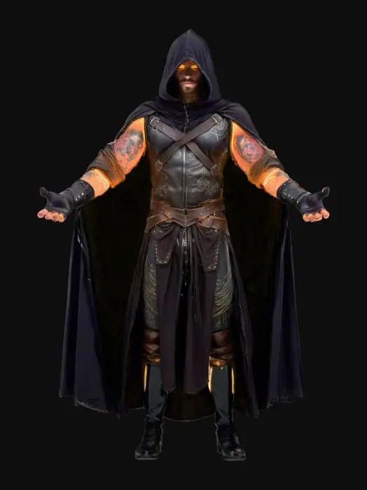 3D model for a man with glowing tattoos over his entire face wearing a hooded cloak and layered leather armor, strong and intimidating