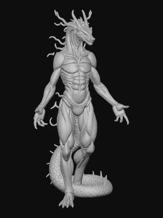 3D model for #villian# Create a full-body character concept art for a video game end boss: 'The Chrono-Serpent Construct'. This formidable bipedal creature stands tall, appearing as a colossal, segmented entity made of twisting, dark metallic clockwork and ancient, petrified wood. It has multiple glowing blue orb-like eyes along its head and neck. Its body segments show intricate mechanical details, capable of shifting slightly as if ready to detach. Its head is sleek and sharp, with a stylized mechanical maw that opens to reveal a pulsing core of soft, temporal energy within. The overall design should evoke a powerful, mystical-mechanical hybrid, suitable for a sci-fi fantasy game. The art style should be vibrant, detailed, and clean, like high-quality concept art.