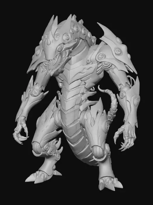 3D model for Create a full-body character concept art for a video game end boss: 'The Chrono-Serpent Construct'. This formidable bipedal creature stands tall, appearing as a colossal, segmented entity made of twisting, dark metallic clockwork and ancient, petrified wood. It has multiple glowing blue orb-like eyes along its head and neck. Its body segments show intricate mechanical details, capable of shifting slightly as if ready to detach. Its head is sleek and sharp, with a stylized mechanical maw that opens to reveal a pulsing core of soft, temporal energy within. The overall design should evoke a powerful, mystical-mechanical hybrid, suitable for a sci-fi fantasy game. The art style should be vibrant, detailed, and clean, like high-quality concept art.