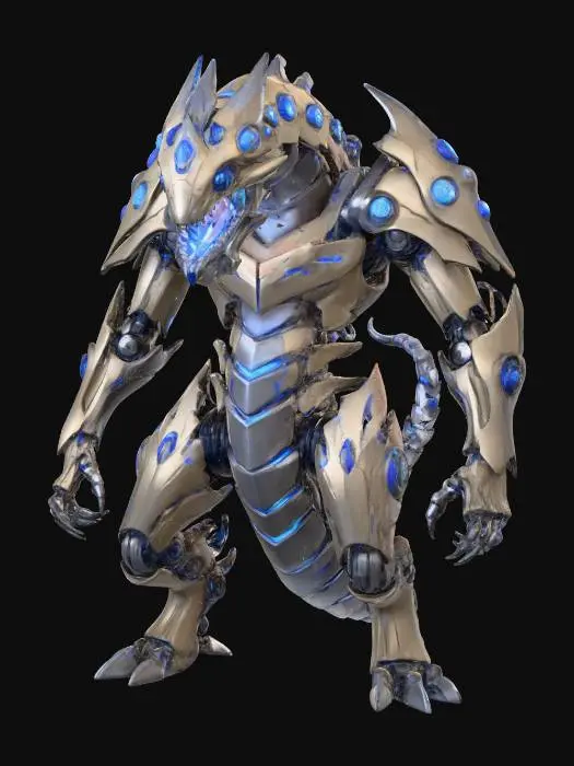 3D model for Create a full-body character concept art for a video game end boss: 'The Chrono-Serpent Construct'. This formidable bipedal creature stands tall, appearing as a colossal, segmented entity made of twisting, dark metallic clockwork and ancient, petrified wood. It has multiple glowing blue orb-like eyes along its head and neck. Its body segments show intricate mechanical details, capable of shifting slightly as if ready to detach. Its head is sleek and sharp, with a stylized mechanical maw that opens to reveal a pulsing core of soft, temporal energy within. The overall design should evoke a powerful, mystical-mechanical hybrid, suitable for a sci-fi fantasy game. The art style should be vibrant, detailed, and clean, like high-quality concept art.