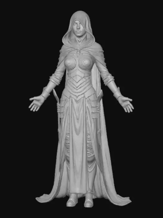 3D model for a woman with glowing tattoos over her entire face wearing a hooded cloak and layered leather armor, strong and intimidating