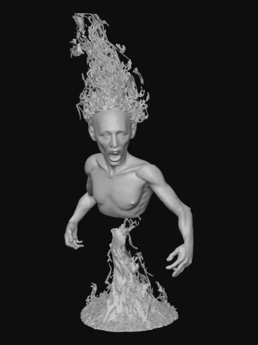 3D model for Large disembodied head colored deep green floating in an enormous fireball in a dark room, #Halloween2025#