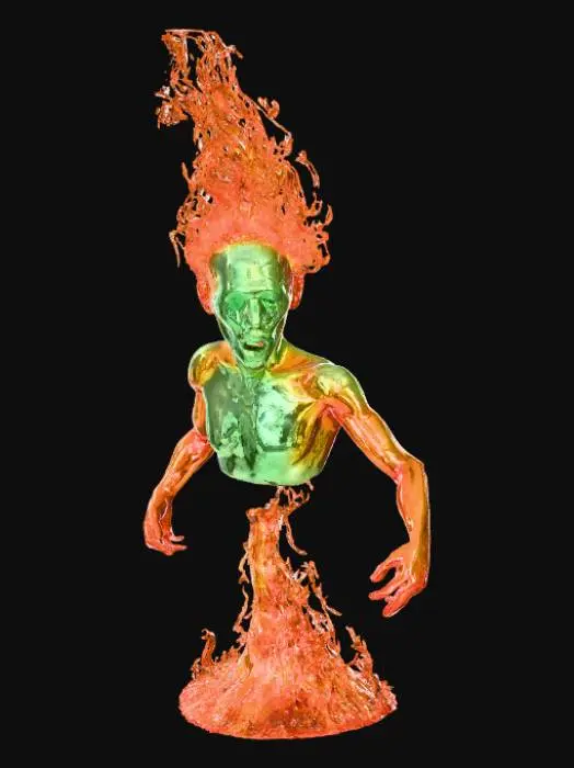 3D model for Large disembodied head colored deep green floating in an enormous fireball in a dark room, #Halloween2025#