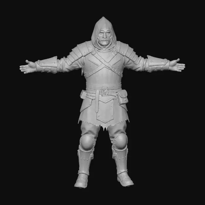 3D model for a man with glowing tattoos over his entire face wearing a hooded cloak and layered leather armor, strong and intimidating