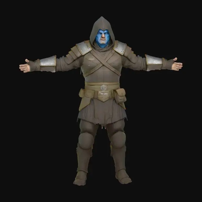 3D model for a man with glowing tattoos over his entire face wearing a hooded cloak and layered leather armor, strong and intimidating