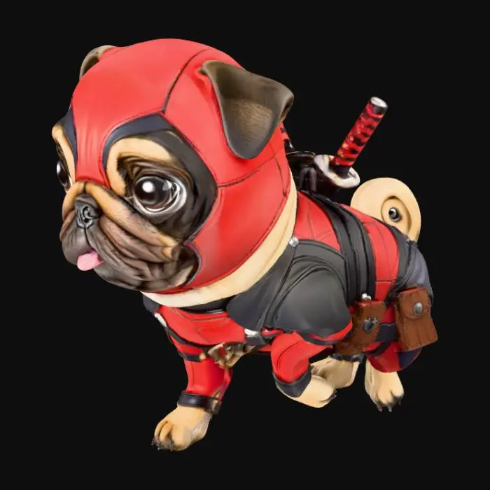3D model for #Halloween2025#, An adorable pug, with its characteristic wrinkly face and curled tail, is meticulously dressed in a miniature Deadpool costume. The snug red and black spandex suit features tiny faux katana scabbards strapped to its back and a utility belt. A small, stylized Deadpool mask covers its head, revealing only its big, expressive eyes and a hint of its pink tongue. The fabric is smooth, and the pug's short, fawn fur peeks subtly, emphasizing its cute, playful demeanor. In the style of 3D disney character