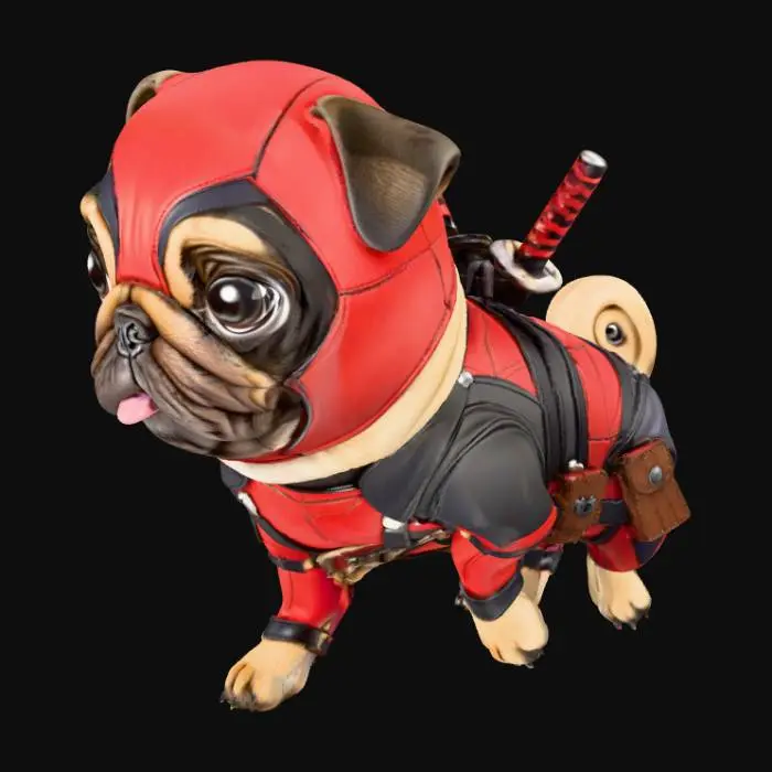 3D model for #Halloween2025#, An adorable pug, with its characteristic wrinkly face and curled tail, is meticulously dressed in a miniature Deadpool costume. The snug red and black spandex suit features tiny faux katana scabbards strapped to its back and a utility belt. A small, stylized Deadpool mask covers its head, revealing only its big, expressive eyes and a hint of its pink tongue. The fabric is smooth, and the pug's short, fawn fur peeks subtly, emphasizing its cute, playful demeanor. In the style of 3D disney character