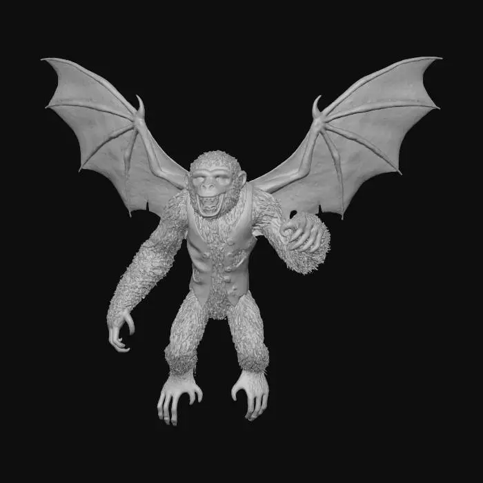 3D model for A flying monkey from Oz, with leathery, bat-like wings and matted, coarse brown fur. Its face has a mischievous, snarling expression, with sharp teeth and yellowed eyes. It wears a tattered, crimson vest. Its body is lean and muscular, with long, grasping fingers and toes, posed mid-flight, wings outstretched. The fur feels rough, the wings slightly rubbery.