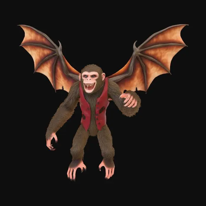 3D model for A flying monkey from Oz, with leathery, bat-like wings and matted, coarse brown fur. Its face has a mischievous, snarling expression, with sharp teeth and yellowed eyes. It wears a tattered, crimson vest. Its body is lean and muscular, with long, grasping fingers and toes, posed mid-flight, wings outstretched. The fur feels rough, the wings slightly rubbery.