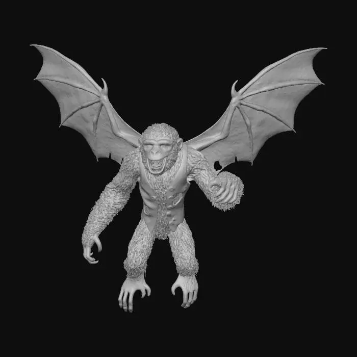 3D model for A flying monkey from Oz, with leathery, bat-like wings and matted, coarse brown fur. Its face has a mischievous, snarling expression, with sharp teeth and yellowed eyes. It wears a tattered, crimson vest. Its body is lean and muscular, with long, grasping fingers and toes, posed mid-flight, wings outstretched. The fur feels rough, the wings slightly rubbery.