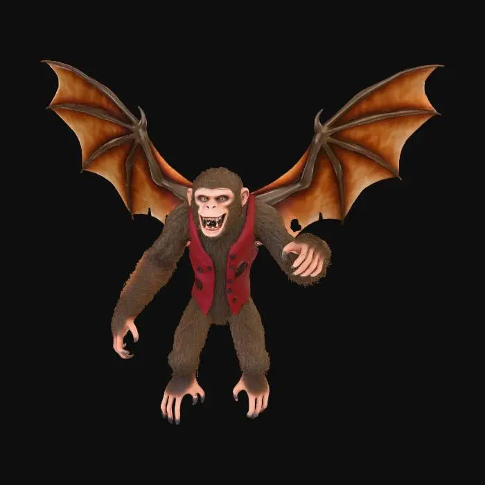 3D model for A flying monkey from Oz, with leathery, bat-like wings and matted, coarse brown fur. Its face has a mischievous, snarling expression, with sharp teeth and yellowed eyes. It wears a tattered, crimson vest. Its body is lean and muscular, with long, grasping fingers and toes, posed mid-flight, wings outstretched. The fur feels rough, the wings slightly rubbery.