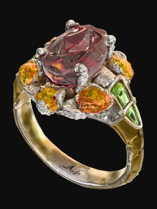 3D model for A platinum garnet ring, main stone is a 4ct oval shape red color garnet, side stones are 2 pieces of pear shape diamonds with dimensions of 2x3mm and  2 pieces of pear shape diamonds with dimensions of 4x2.5mm ,2 brilliant  round cut yellow sapphires with dimensions of 2.6mm  and 2 princess cut light green emeralds with dimensions of 3x3mm , the ring brings a sense of summer British garden from early 20th century,and can be wore with a warm color themed ball room dress in charity fundraiser event or garden Floria completion events., #PBR# 