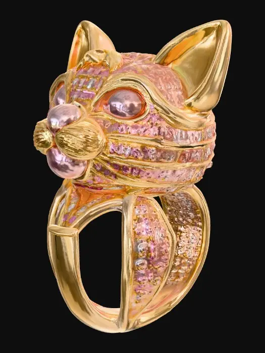 3D model for A gold pink oval spiel ring,the stone is milky orangish pink, the ring is in a cat figure,the ring owner loves luxury and large design ring design,the ring can be wore in the cocktail party after working hours.  