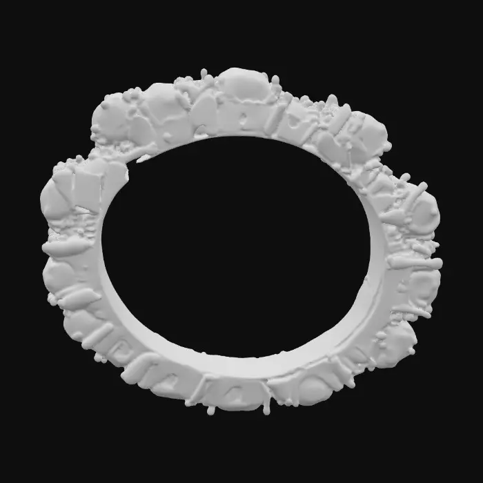 3D model for A black silver band ring with rough emeralds, vivid green color emerald roughs are surrounded by small round  black diamonds, inside the ring band there’s letters in capital  “W”, it’s a ring for gentleman and woman likes rough power, #PBR#