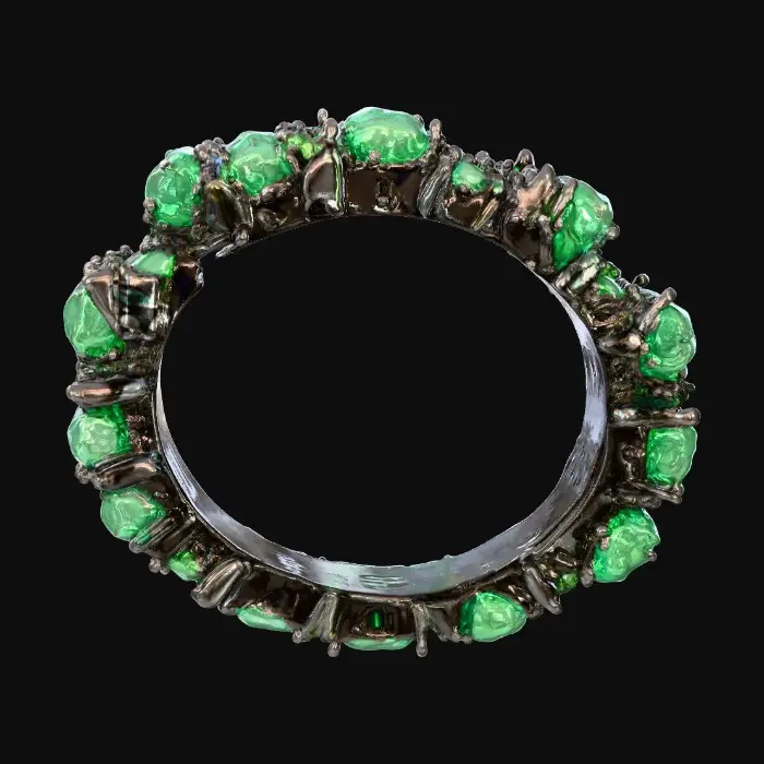 3D model for A black silver band ring with rough emeralds, vivid green color emerald roughs are surrounded by small round  black diamonds, inside the ring band there’s letters in capital  “W”, it’s a ring for gentleman and woman likes rough power, #PBR#