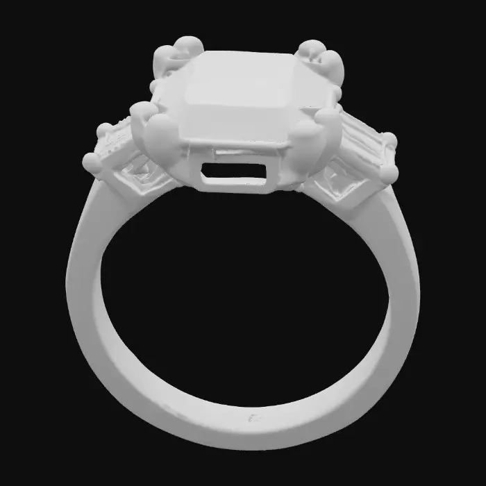 3D model for A platinum yellow sapphire ring, main stone is a octagon mixed cut yellow sapphire of 5.62ct with the measurements of 9.68x9.17x6.81mm, side stones are 2 baguette white diamond on each sides, 1 large and 1 relative small, the metal color for the prongs around the main stones are yellow, add logo “AJ” in clean metallic silver elegant script font inside of the ring band., #PBR#