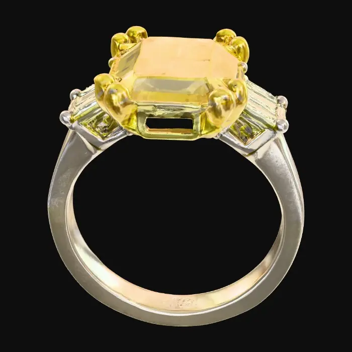 3D model for A platinum yellow sapphire ring, main stone is a octagon mixed cut yellow sapphire of 5.62ct with the measurements of 9.68x9.17x6.81mm, side stones are 2 baguette white diamond on each sides, 1 large and 1 relative small, the metal color for the prongs around the main stones are yellow, add logo “AJ” in clean metallic silver elegant script font inside of the ring band., #PBR#