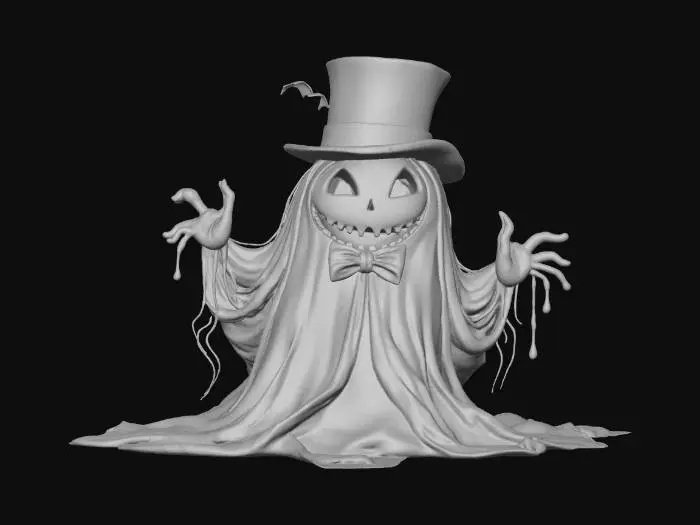 3D model for A stylized, ghostly figure. The figure, resembling a smiling jack-o'-lantern with glowing purple eyes, is adorned with a tall, black top hat and a big bow tie. has spiky tendrils extending from its head. Its body is composed of neon lime green and lavender hues, with a spectral, wispy lower half. The figure's arms end in claw-like hands, slightly outstretched. It appears to be floating amidst a cloud of swirling purple smoke or mist. The style is illustrative, possibly digital art, with a slightly sinister, playful look. The use of vibrant colours creates a striking visual impact.