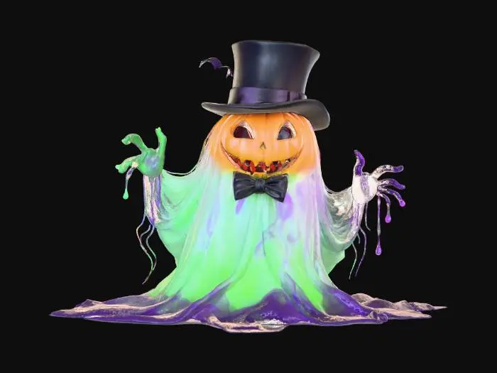 3D model for A stylized, ghostly figure. The figure, resembling a smiling jack-o'-lantern with glowing purple eyes, is adorned with a tall, black top hat and a big bow tie. has spiky tendrils extending from its head. Its body is composed of neon lime green and lavender hues, with a spectral, wispy lower half. The figure's arms end in claw-like hands, slightly outstretched. It appears to be floating amidst a cloud of swirling purple smoke or mist. The style is illustrative, possibly digital art, with a slightly sinister, playful look. The use of vibrant colours creates a striking visual impact.