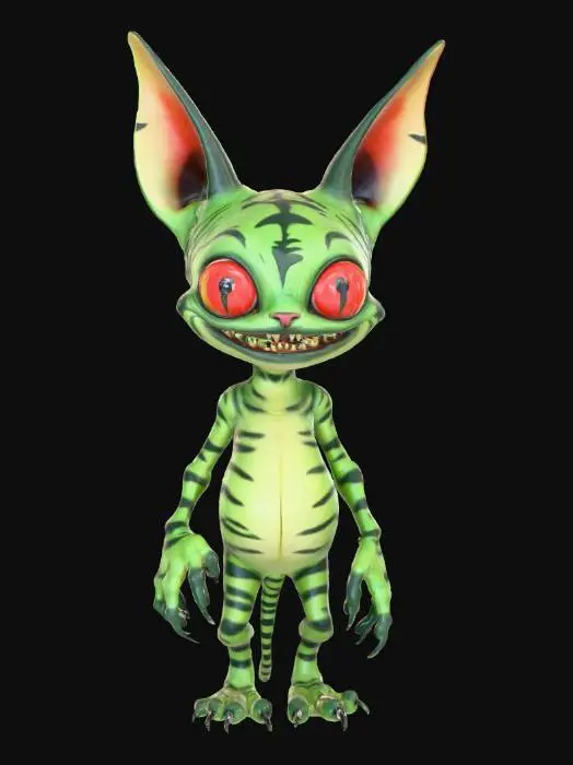 3D model for A stylized, cartoonish creature. It is a light gray color with a textured, and features large, expressive eyes that are a deep blood red. The creature has prominent, elongated ears and a wide mouth filled with sharp, yellowed teeth. Its mouth is open, revealing a red interior. The creature appears to be standing upright with small, stubby arms. The overall form is rounded and somewhat humanoid,  The style is reminiscent of a sculpted toy or figurine, with a slightly unsettling, yet playful atmosphere, has sharp talon claws, tim burton style.